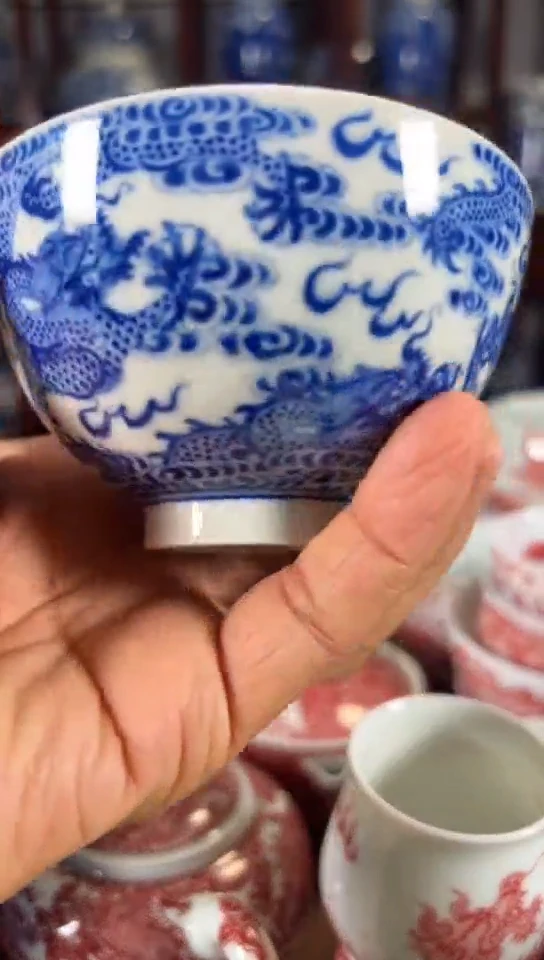 柴窑青花九龙鸡心杯杯