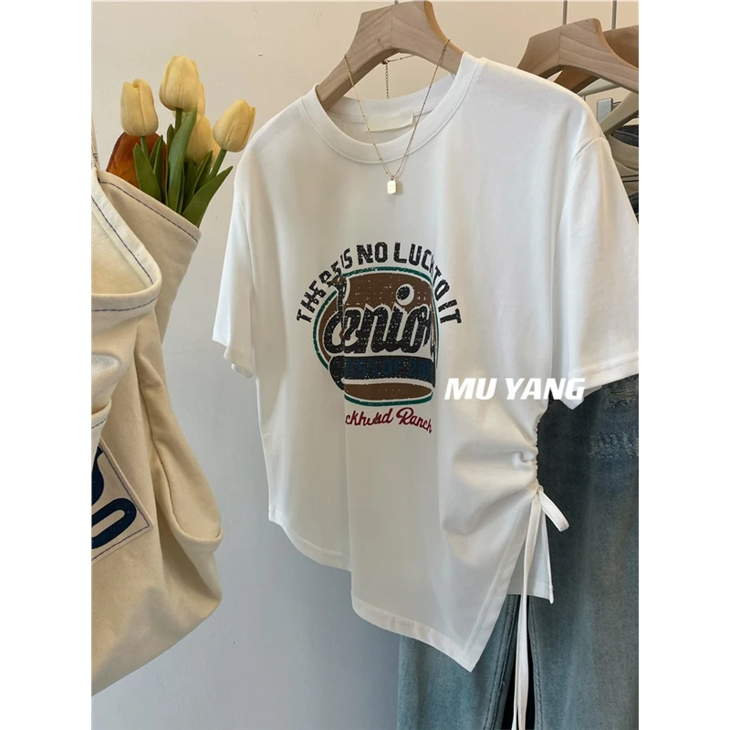 微胖MM单侧抽绳下摆斜边不对称短袖T恤女夏季设计感小众正肩上衣