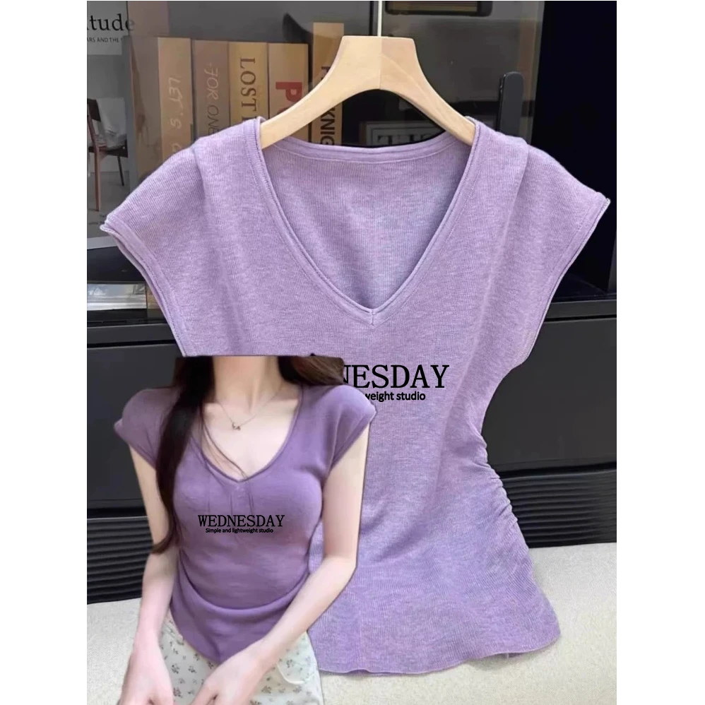 辣妹正肩上衣纯欲风V领小众百搭短袖t恤女夏2025新款修身百搭短款