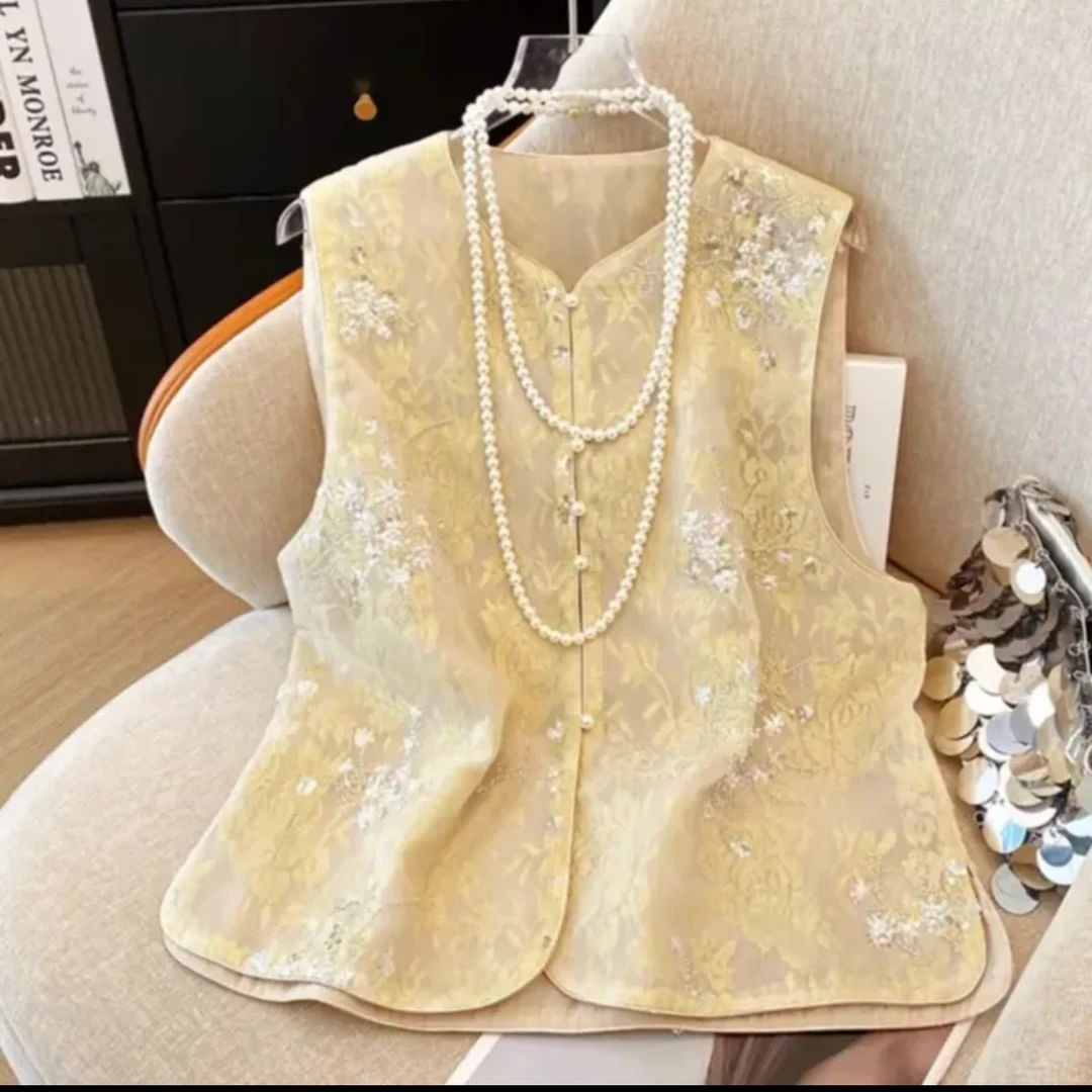 夏季欧根纱马甲重工珠花刺绣亮片时尚减龄马夹新中式无袖坎肩女