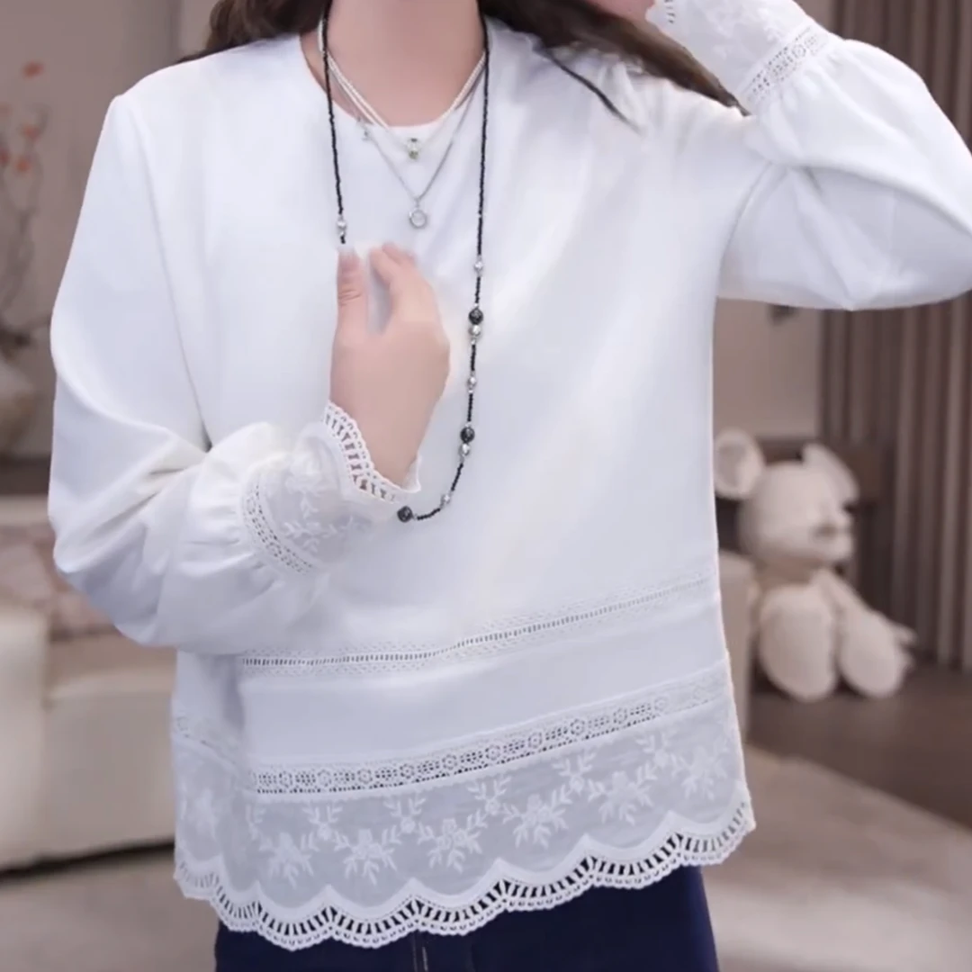 设计感圆领拼接蕾丝长袖打底T恤女2025新款春季百搭宽松提花上衣