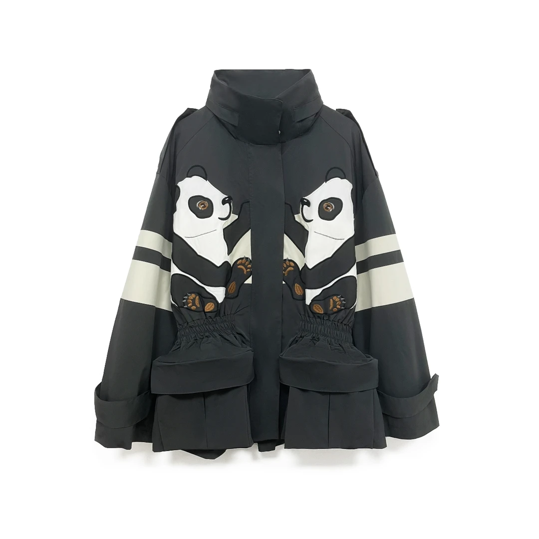 【熊猫风衣】 新款灰白撞色熊猫刺绣大口袋收腰连帽长袖风衣A196