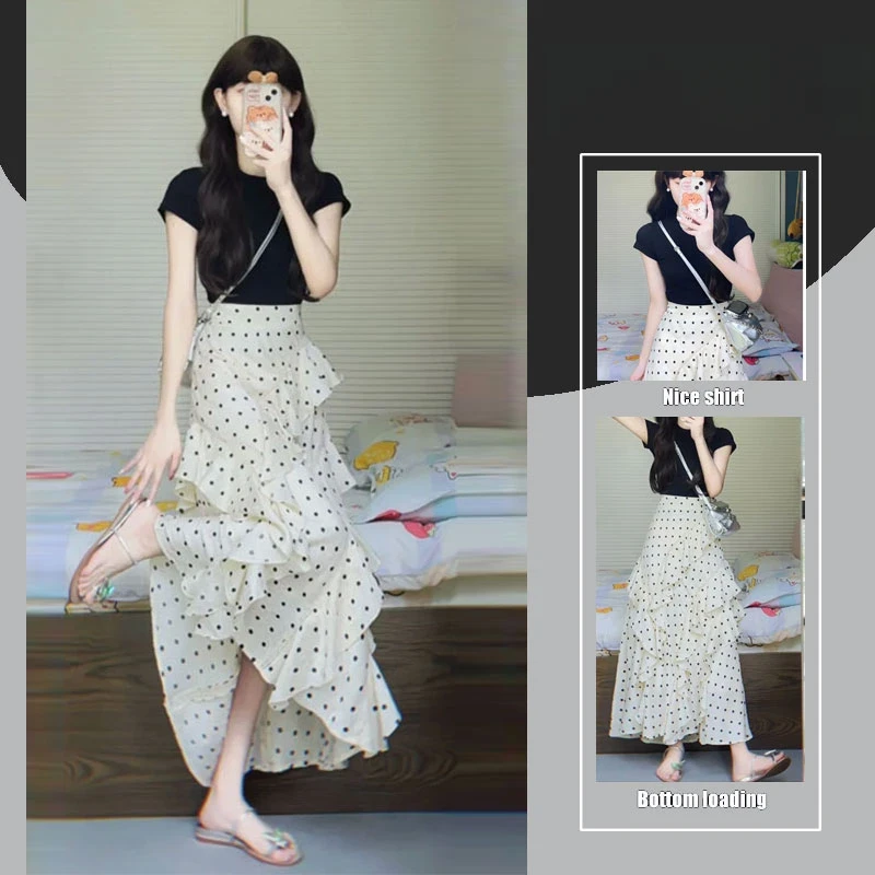 夏装搭配一整套时尚韩系设计感小众荷叶边波点半身长裙子夏两件套