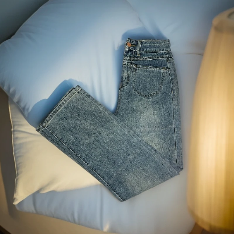 女装牛仔裤百搭直筒春秋显瘦宽松水泥灰中高腰  F
