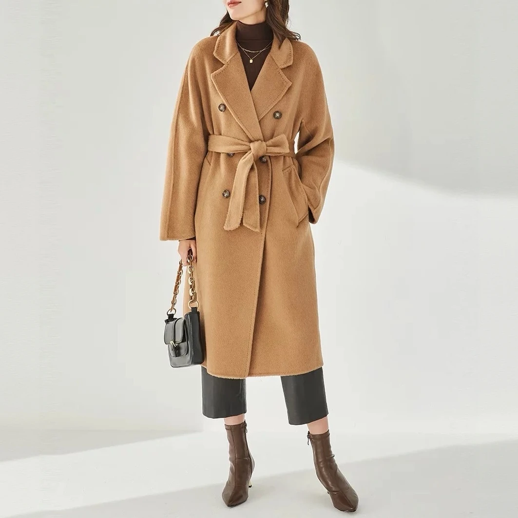 100%纯羊毛经典双面尼大衣双排扣中长款女毛呢外套 805-长款801