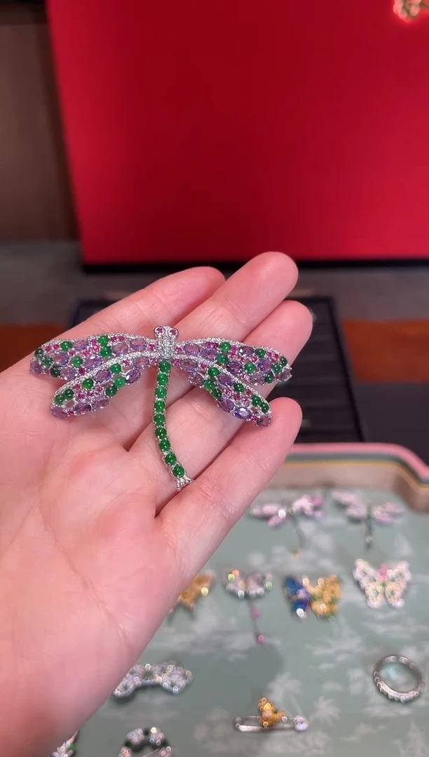 银S925镶嵌翡翠耳饰蜻蜓胸针