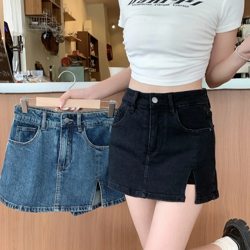 【涵胖胖】Q胖mm大码女时尚百搭显瘦显腿长开叉牛仔A字裙裤 30528