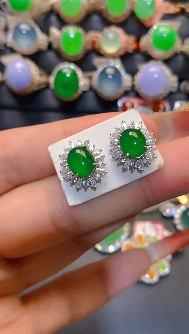 银S925镶嵌翡翠耳饰天然