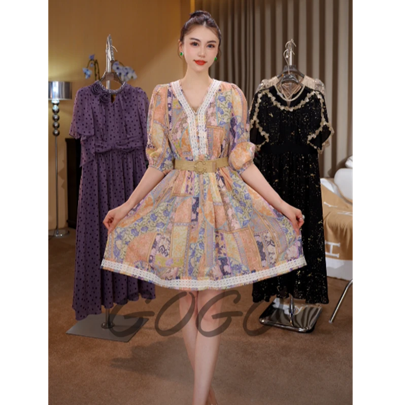 波斯尼亚 G6096夏季新款高级感显瘦气质V领连衣裙女收腰印花裙子