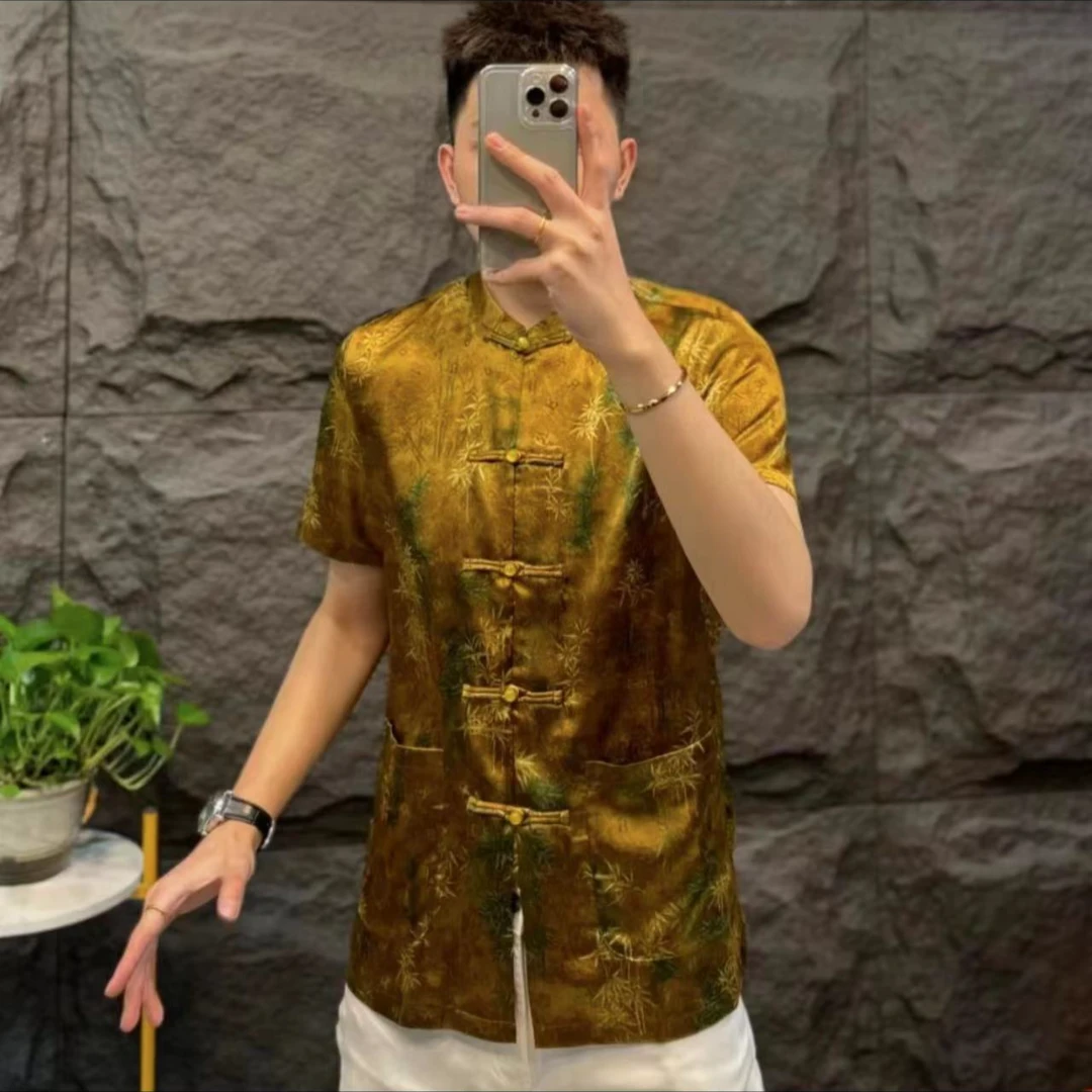 夏季新款男士休闲翻领纽扣高档古典修身复古衬衫中山装（复制）1003