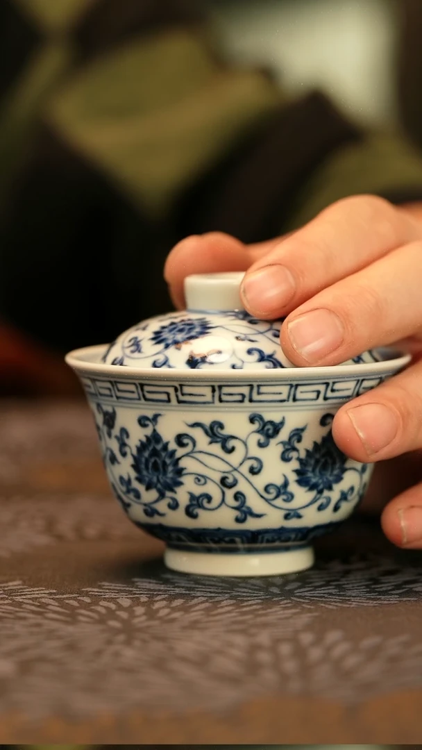 中式特价仿明青花缠枝莲盖碗