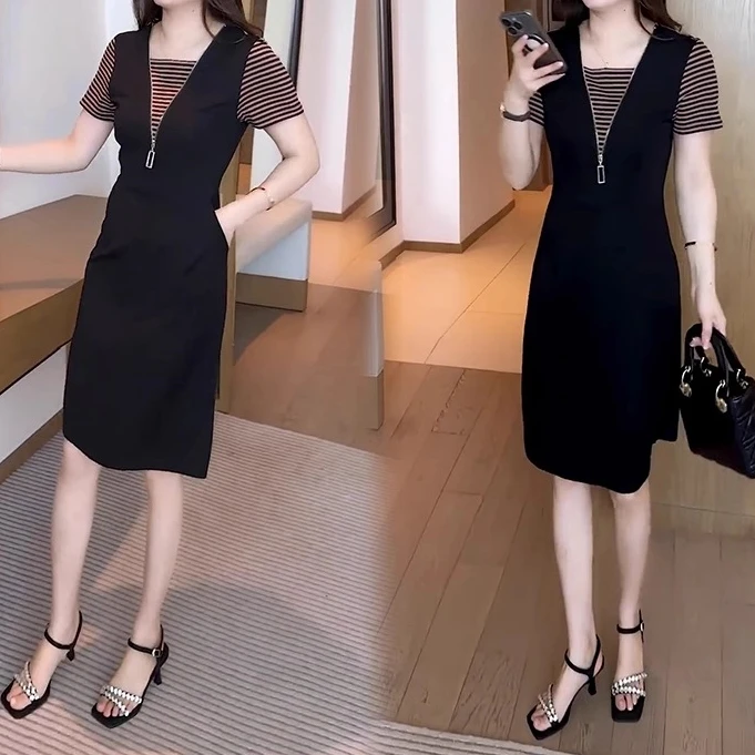 【现货】2025夏季时尚休闲减龄显瘦连衣裙洋气假两件条纹拼接背带裙