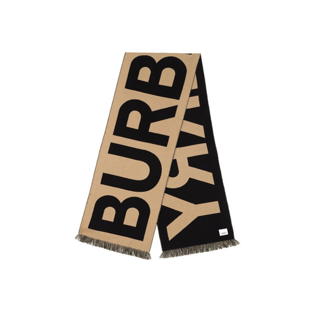 BURBERRY/博柏利大字母Logo徽标羊毛提花绒线围巾女款卡其色