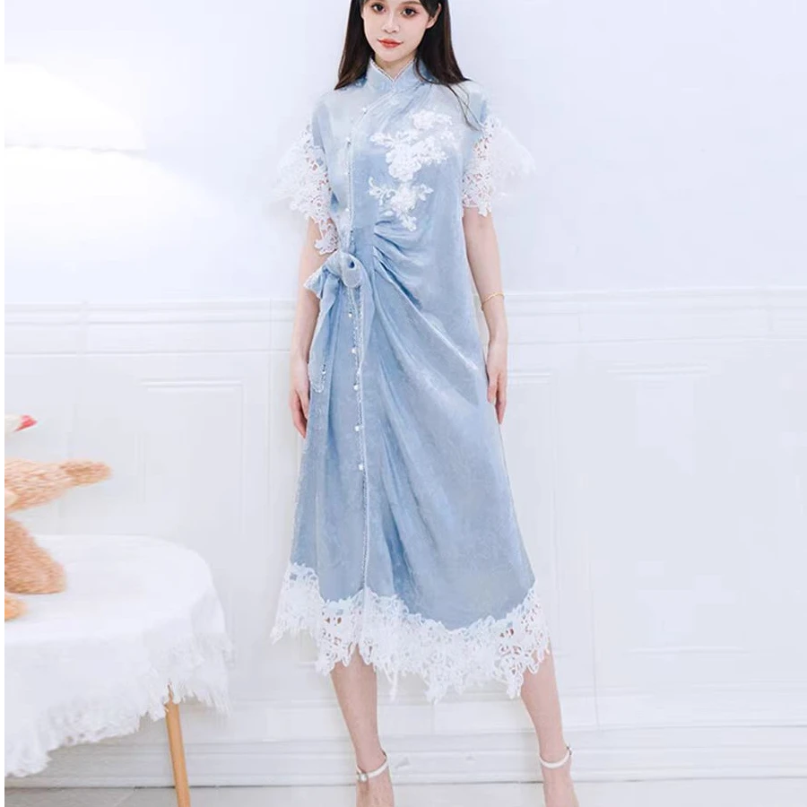 辰辰服饰木子店蓝色提花短裤连衣裙