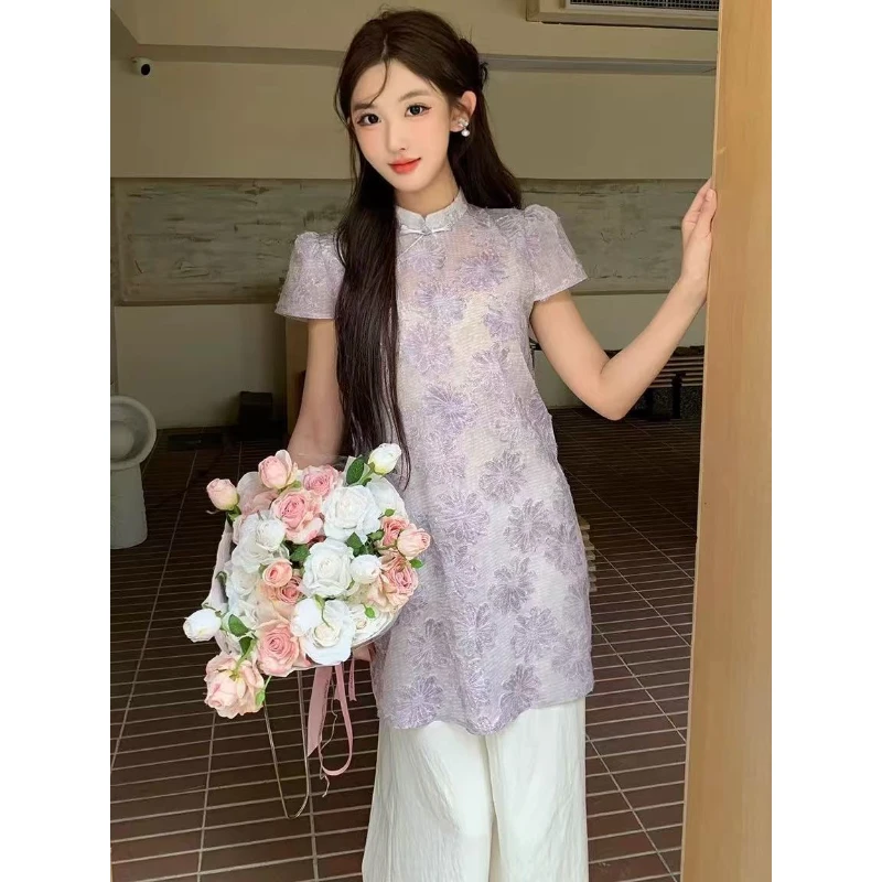 X108825-新中式国风提花改良旗袍中长款开叉上衣高腰阔腿裤两件套