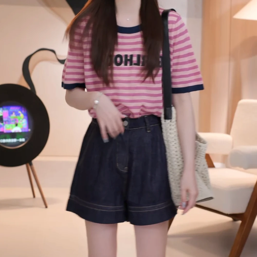 复古时尚薄款慵懒风休闲撞色领条纹字母针织衫女2025夏季上衣