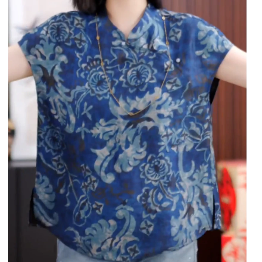 夏季新款马甲女时尚显瘦气质蓝色女士复古中式日常中国风印花