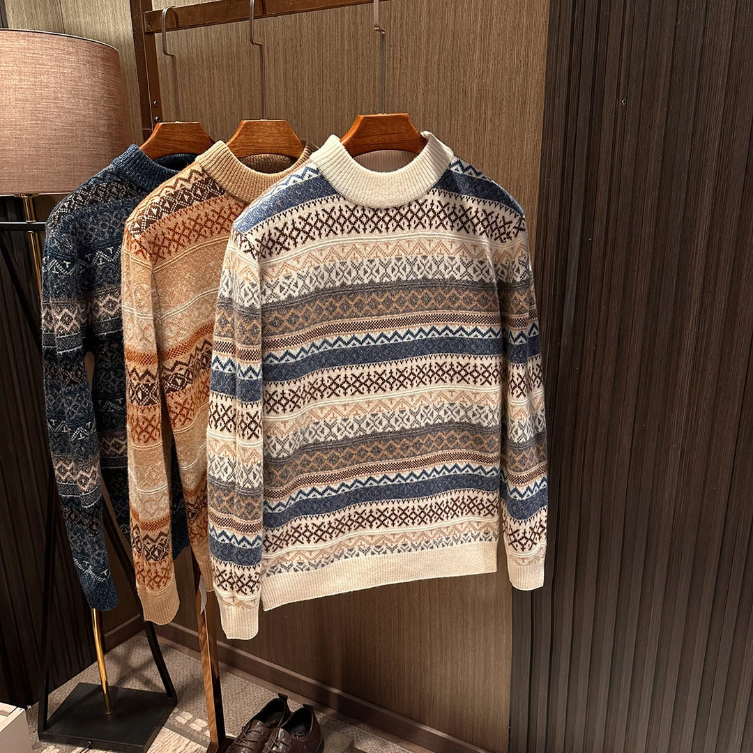 【摩登欧美复古 加厚保暖】冬季男士高档提花圆领100%绵羊毛羊毛衫
