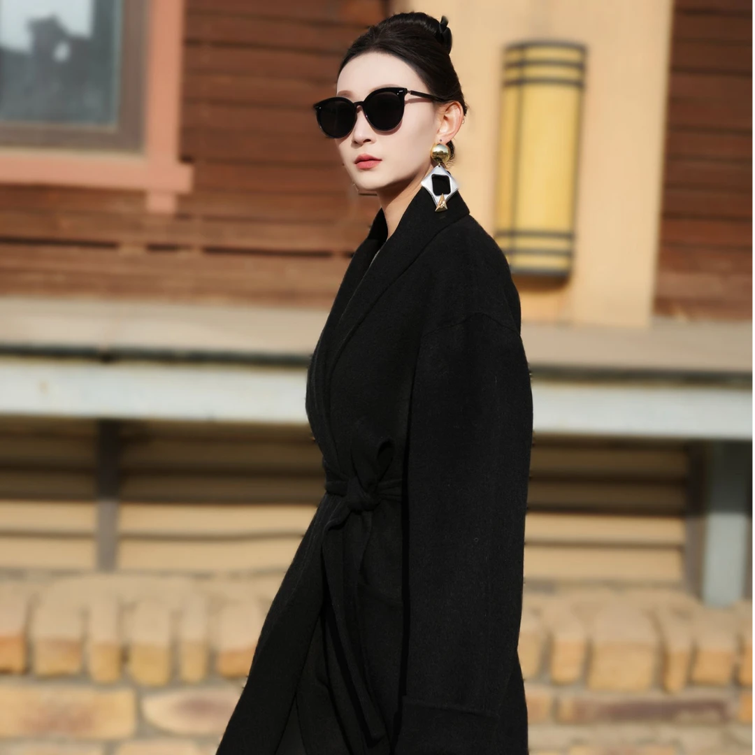 SHILU——气质高端典雅黑色青果领双面羊毛大衣