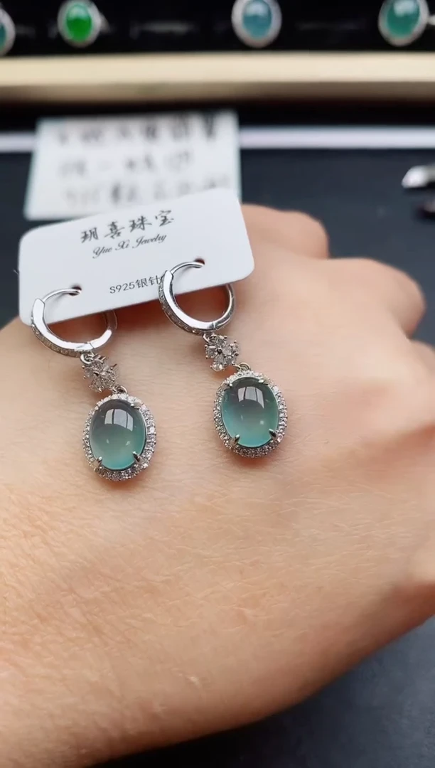 翡翠银S925镶嵌耳饰5080