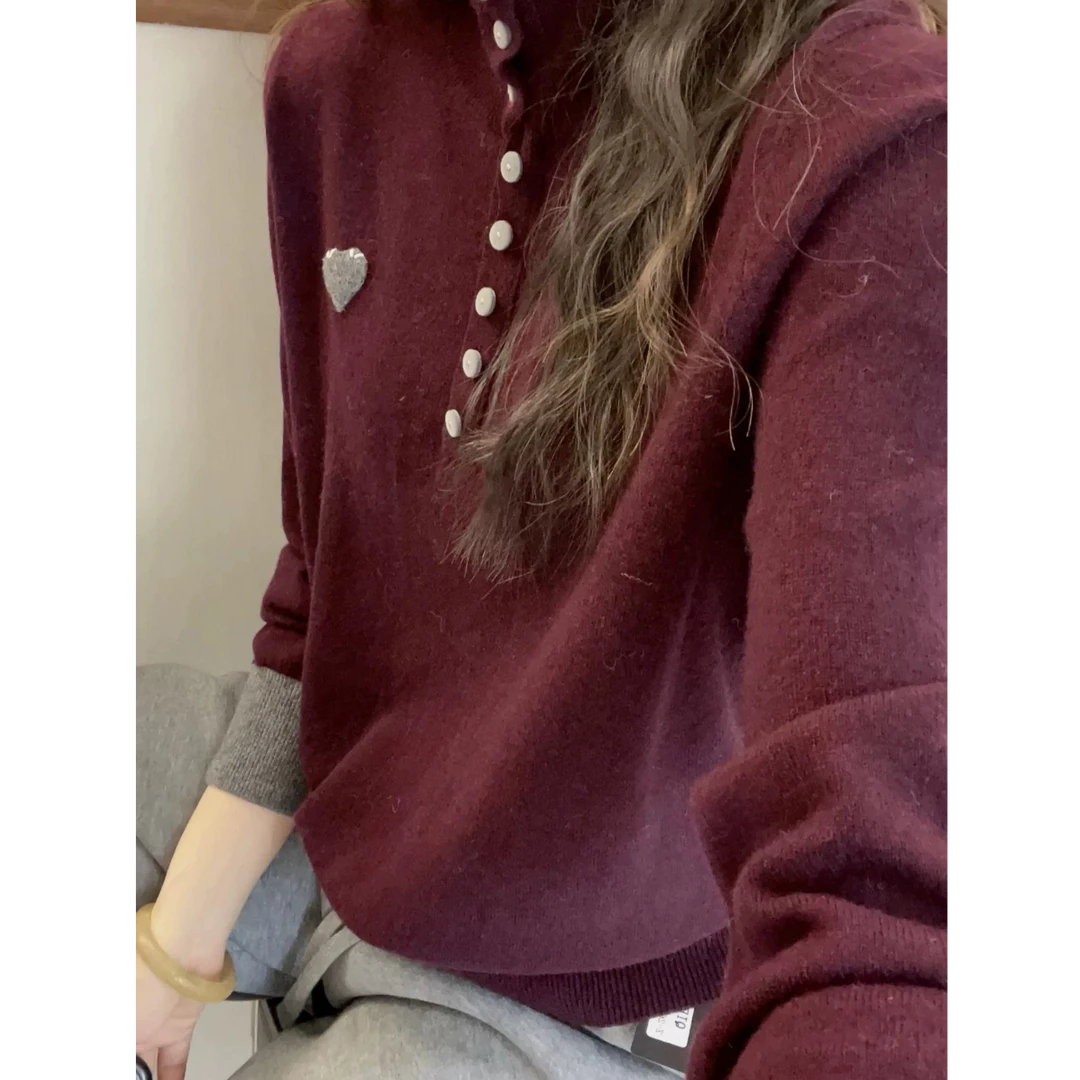 RC【翻领纽扣小爱心针织毛衣】冬季女士百搭针织衫宽松外穿毛衣