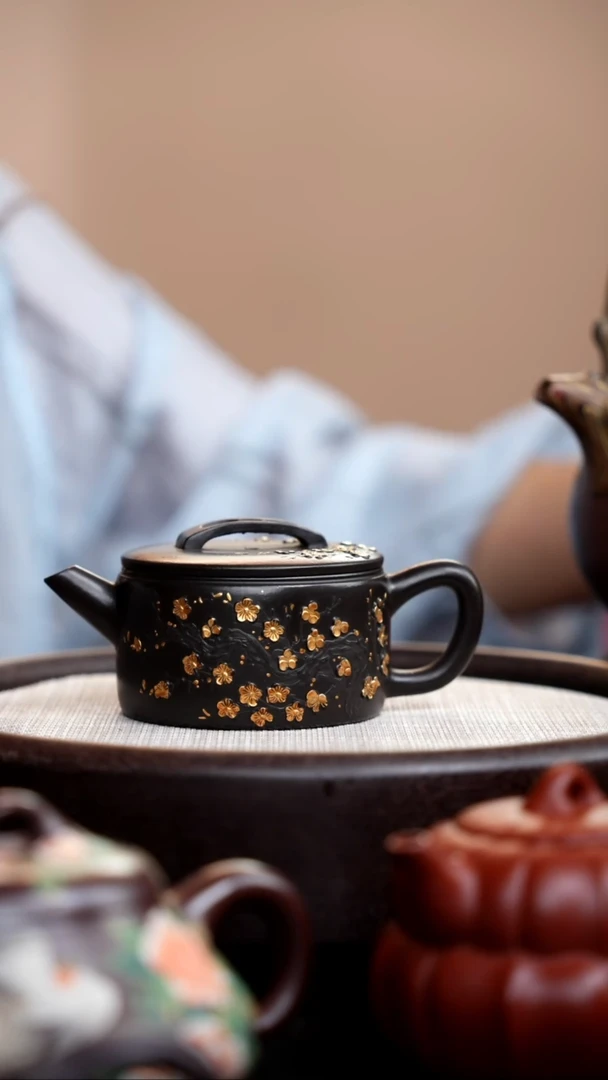 茶壶紫砂捂灰朱泥描金梅花汉瓦