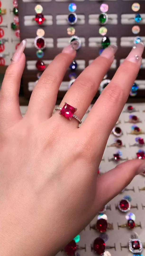 银S925镶嵌戒指红宝石方8*8 银托