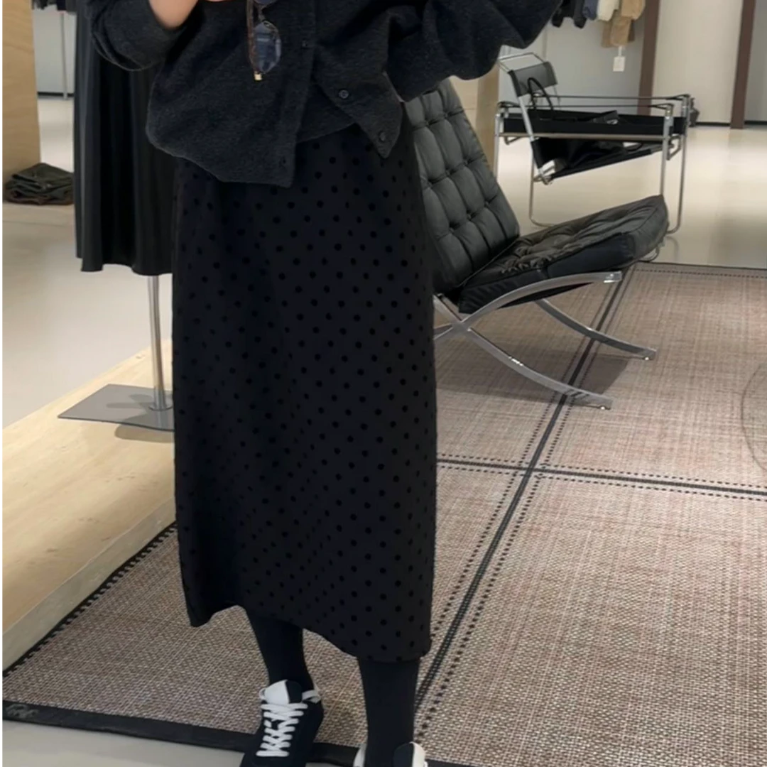 【加绒波点裙】气质显瘦加绒半身裙高腰时尚黑色开叉包臀秋冬女半裙