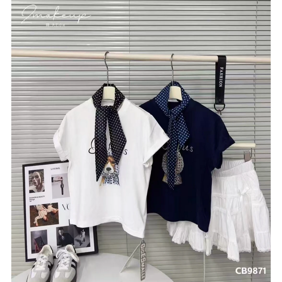 2025夏『头巾小狗』儿童休闲百搭腊肠狗波点飘带短袖T恤9871