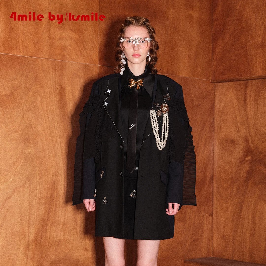 4MILE BY KSMILE | 西野暮色藏青色立体荷叶边蕾丝西装宽松外套
