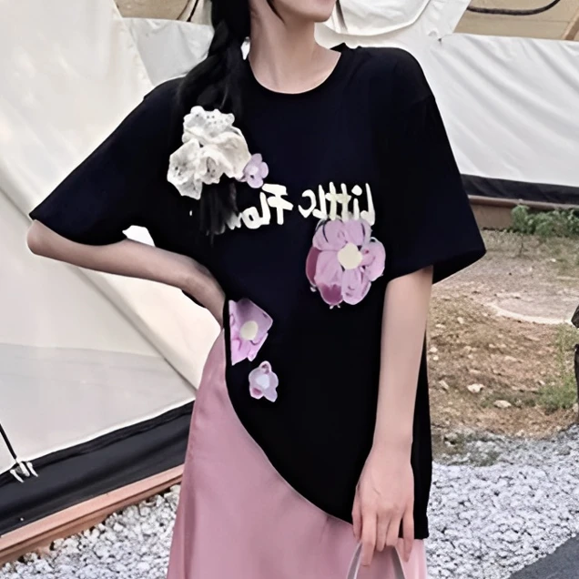 通勤风印花短袖字母花朵大版落肩袖T恤中长款休闲