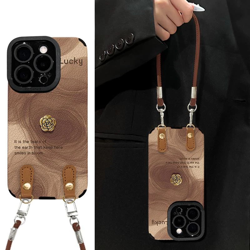 立体山茶花适用苹果17Air手机壳iPhone16Promax带挂绳15plus全包