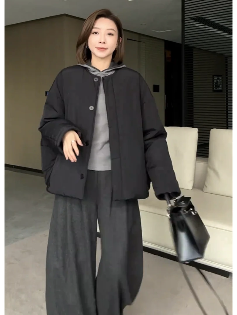 韩版极简风简约高级感日常通勤百搭棉服冬季新款圆领显瘦气质外套