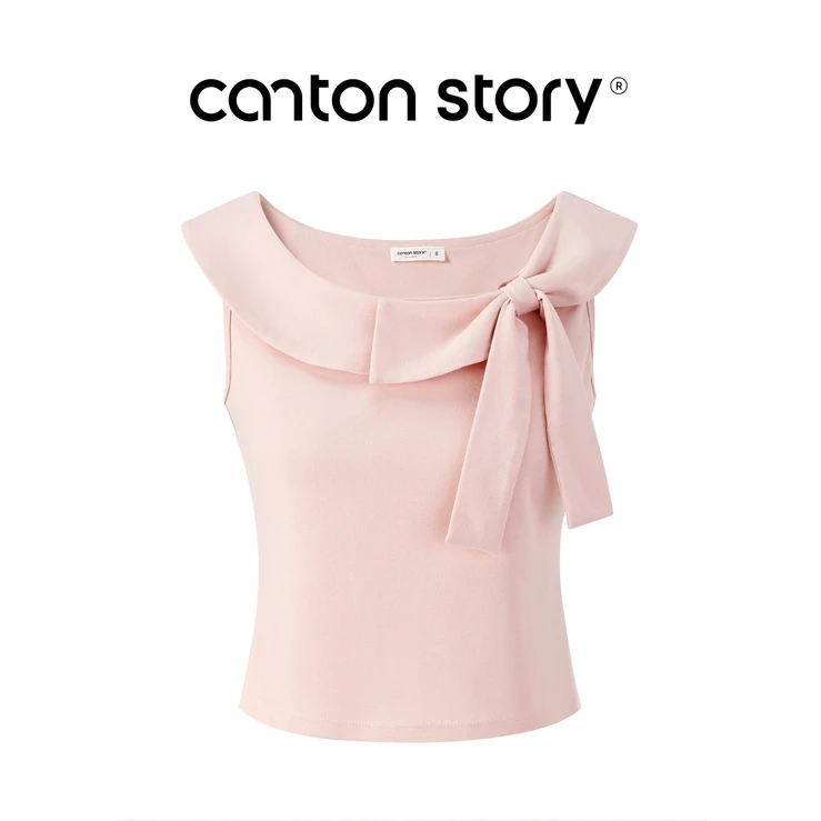羊城故事粉色蝴蝶结无袖t恤女新款纯欲修身显瘦背心 Y50751875
