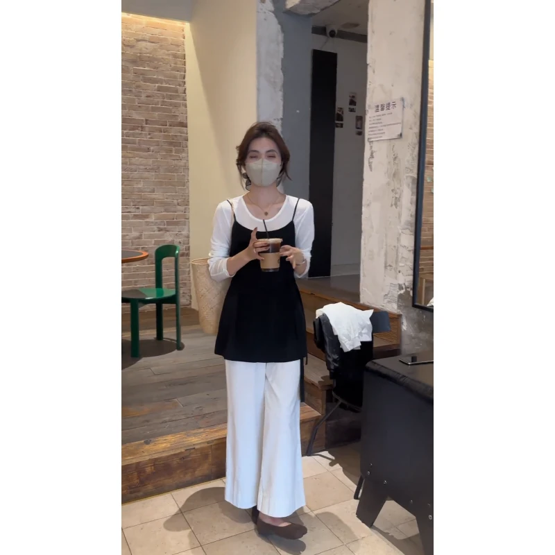 INS CEC吊带背心打底t恤两件套女时尚洋气高级感上衣套装长裤套装