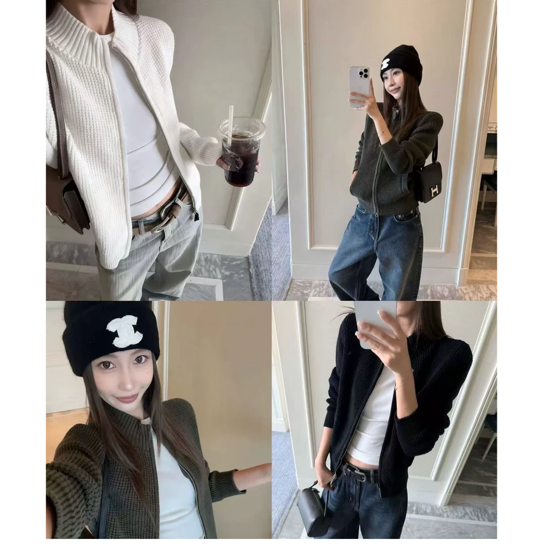 华夫格针织外套纯色基础简约显瘦百搭开衫拉链AY1782
