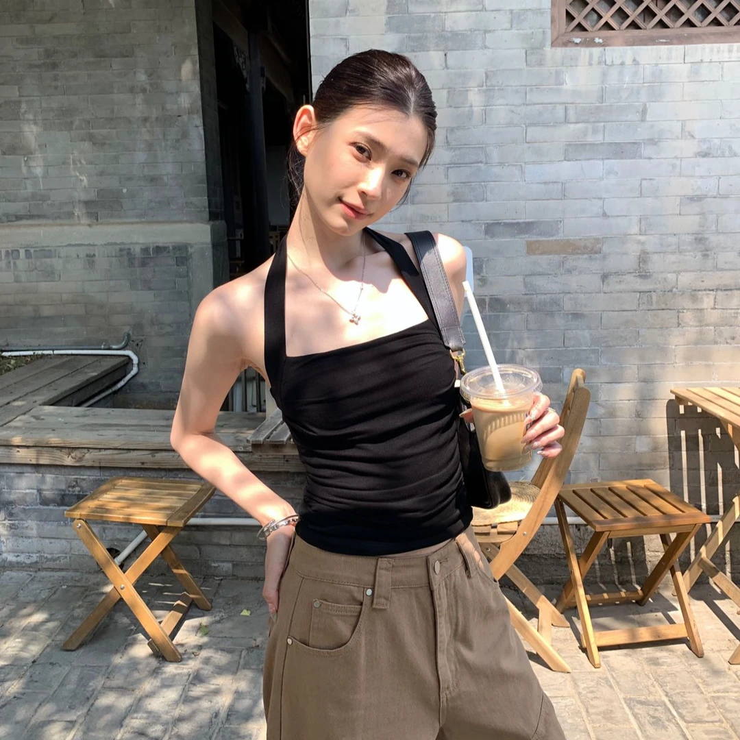 2025夏季百搭黑色辣妹挂脖背心挂脖吊带坎肩背心小衫短款上衣女