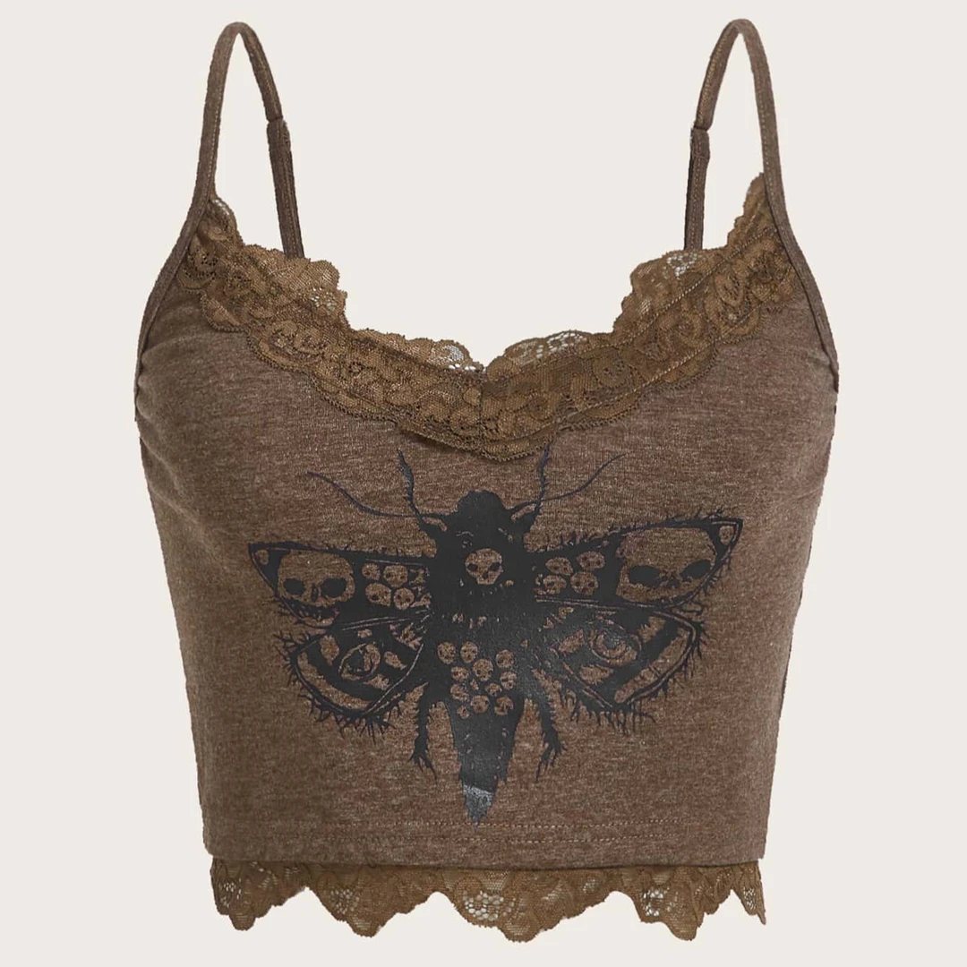 卡其色蕾丝吊带短款上衣