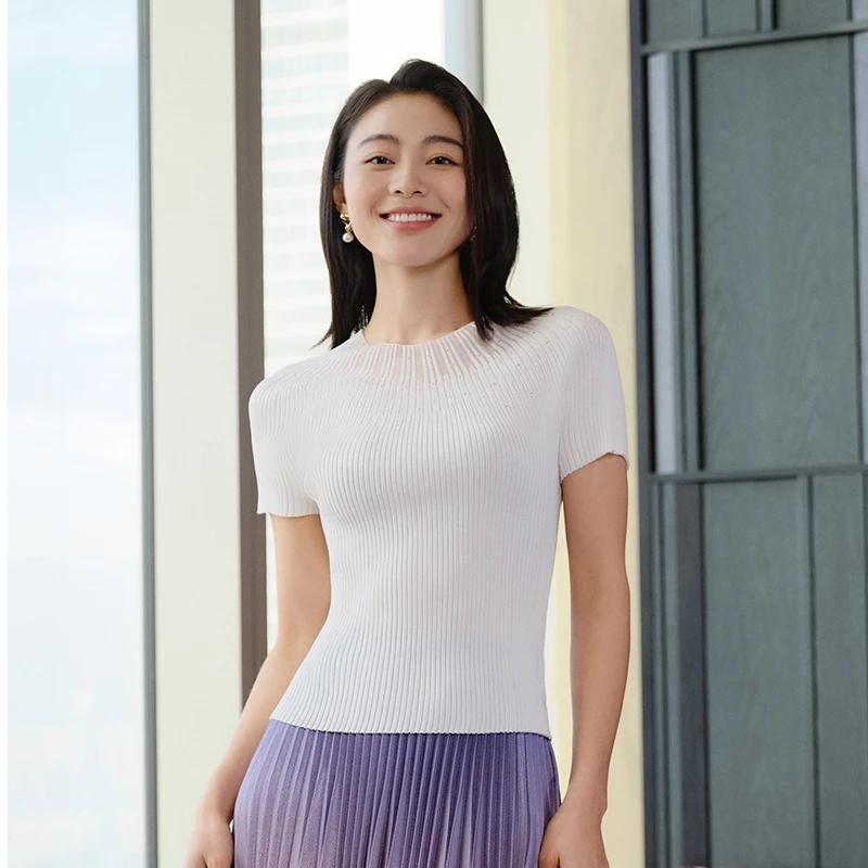 EP雅莹高端系列 醋酸烫钻修身圆领短袖针织衫  9901B
