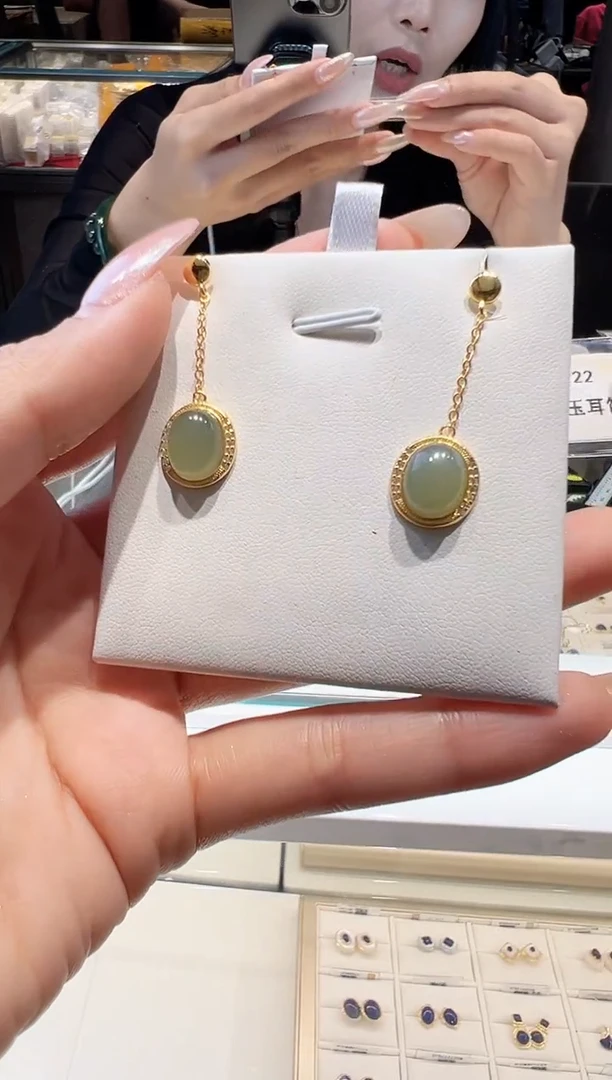 银S925镀金镶嵌和田玉耳饰@@