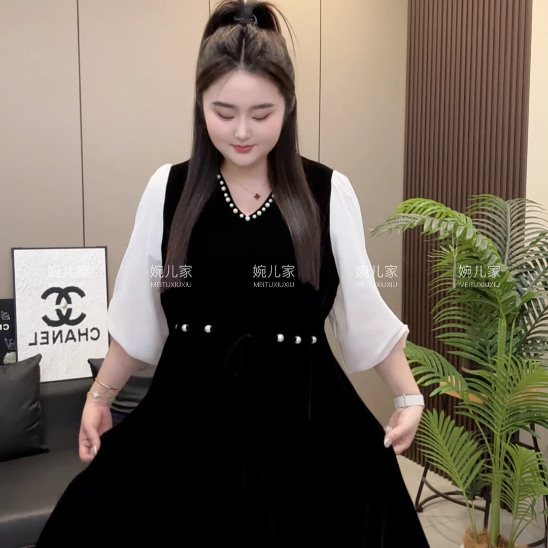 【婉儿家】长袖法式中长裙纯色V领连衣裙收腰韩版休闲设计感