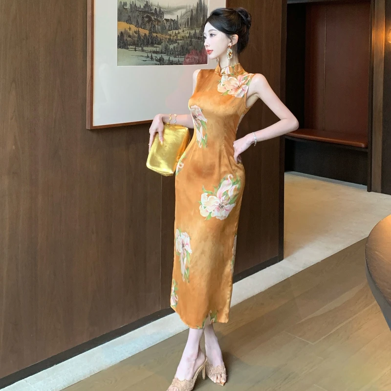 纯欲性感夏季法式复古无袖连衣裙新中式国风印花别致改良旗袍长裙