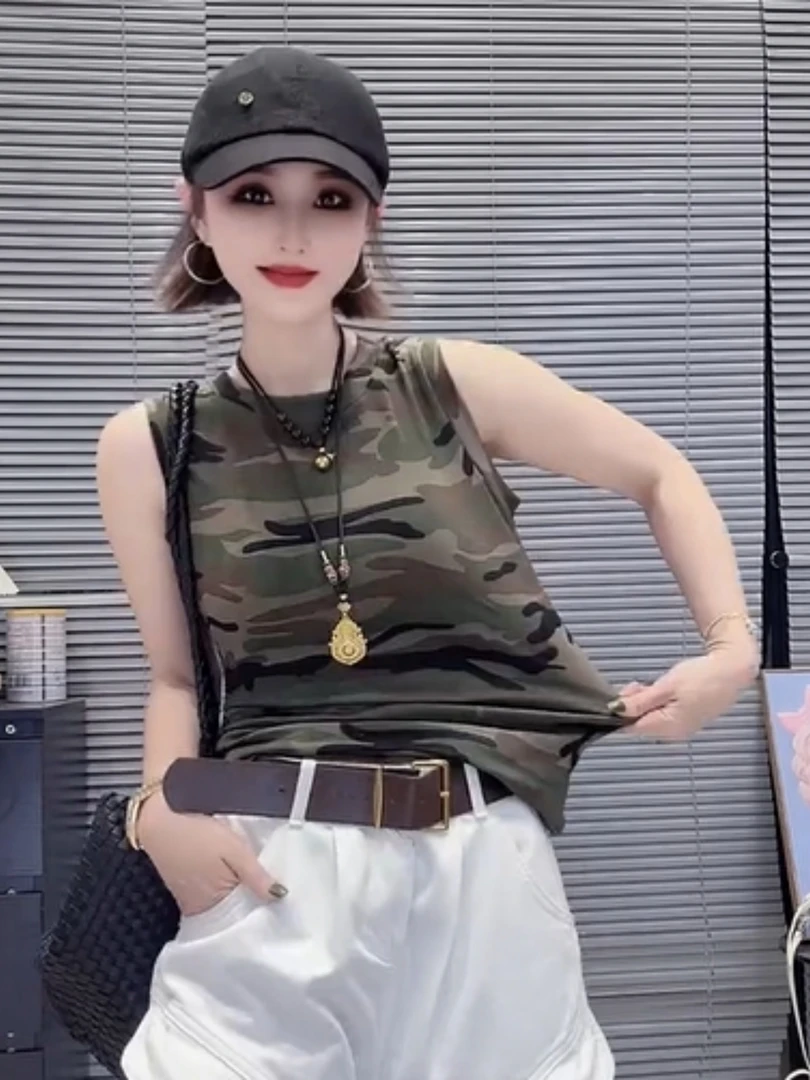 欧洲站2025夏季新款时尚复古百搭修身显瘦迷彩印花无袖背心女上衣