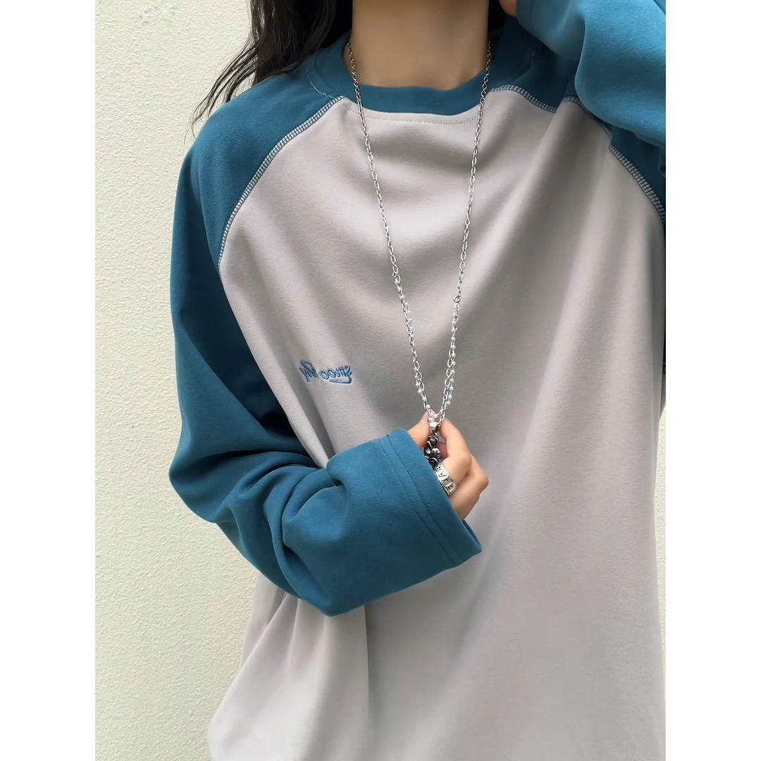 V37美式潮牌撞色插肩袖德绒打底衫男冬季重磅保暖内搭圆领长袖T恤