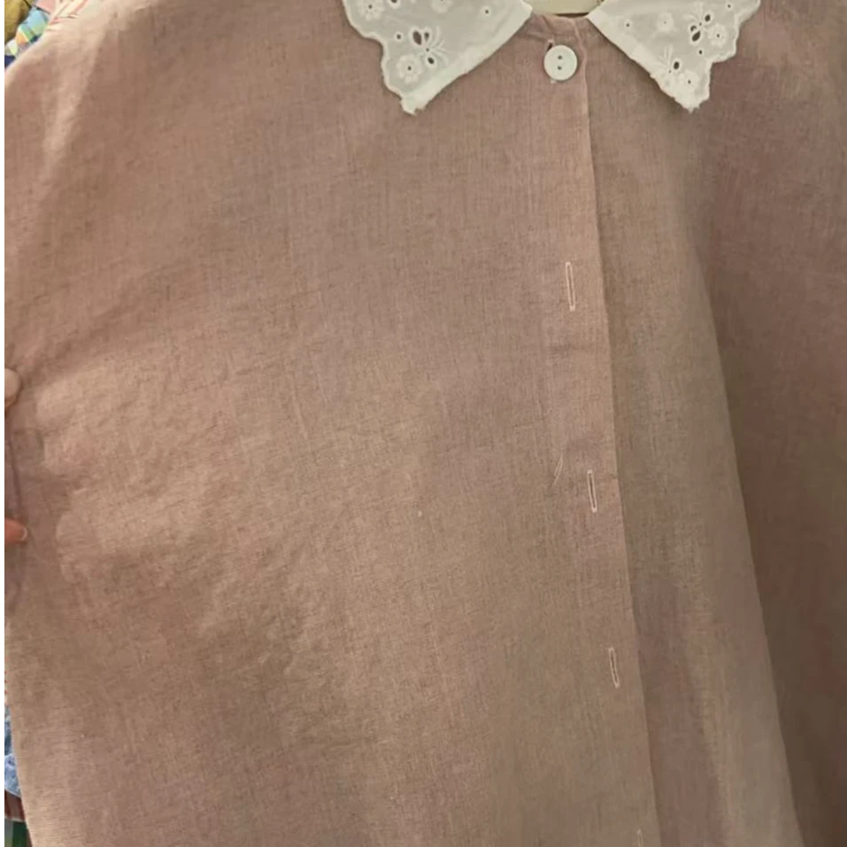 【NO退NO换】韩国东大门2025夏款Le橡皮粉粉色花边领拼色衬衣