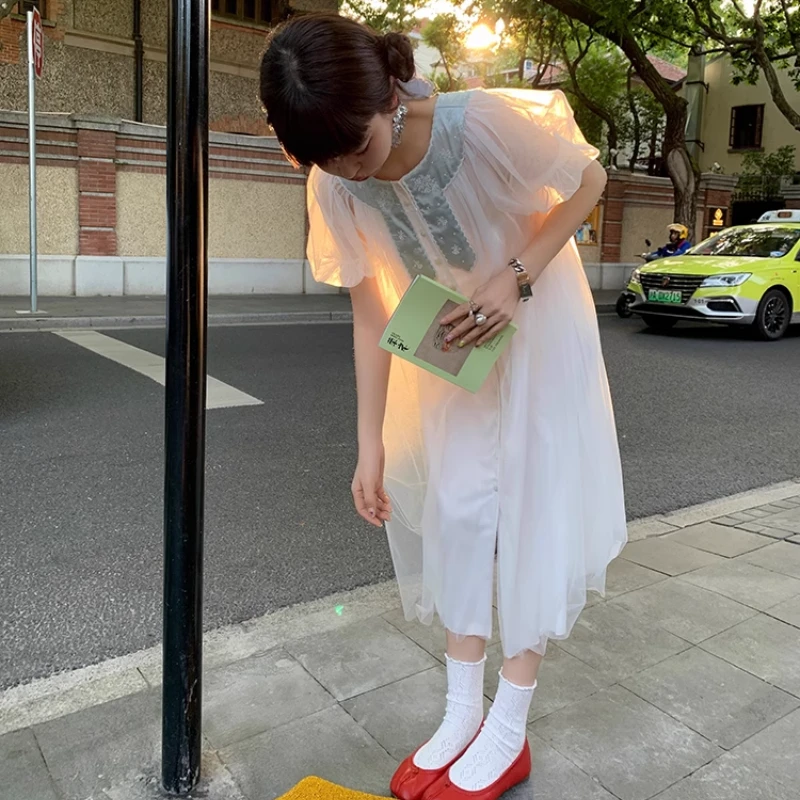 le rouge周美美 公主日记薄荷夏日轻柔软纱vintage刺绣叠穿连衣裙