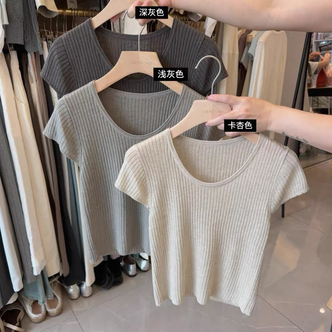 2025夏季韩系冰丝薄款U领小个子飞飞袖短袖针织衫女气质百搭上衣