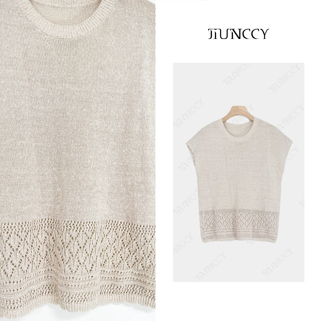 JIUNCCY【花岛】亚麻混纺拼接镂空织花下摆连肩袖针织上衣 52YZZ079