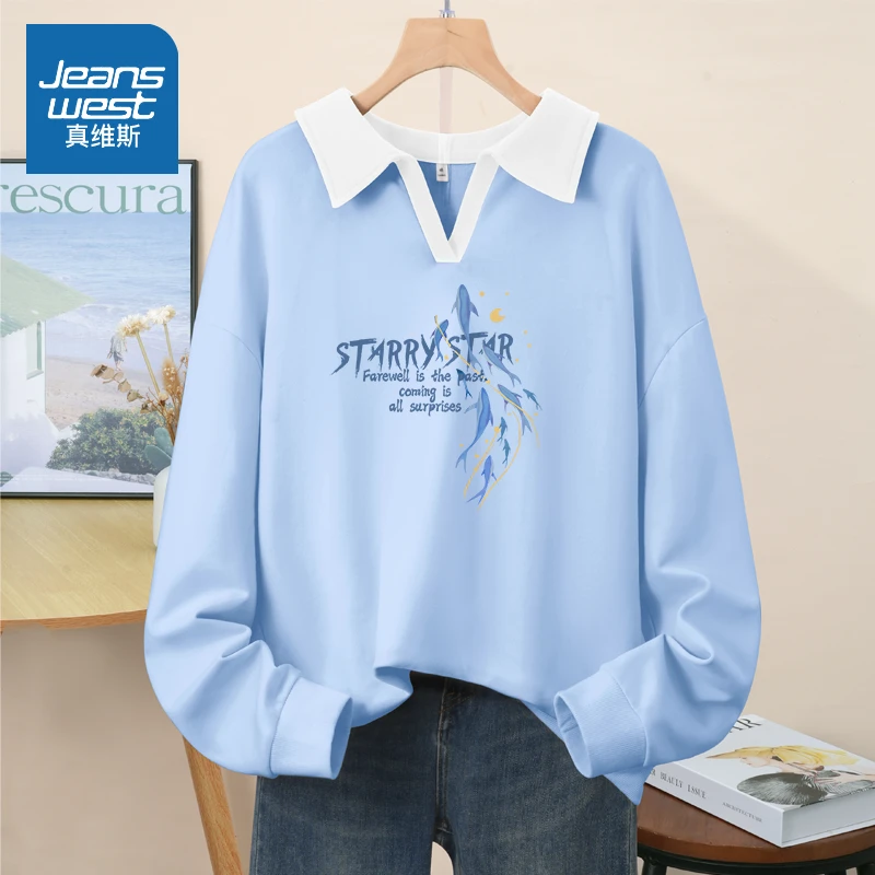 真维斯撞色拼接上衣女秋季新款美式复古polo领卫衣休闲百搭外套潮