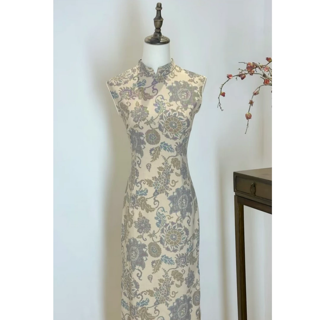 【秋水】绫曦秋季新款茶色无袖单层后拉链日常旗袍衣长120